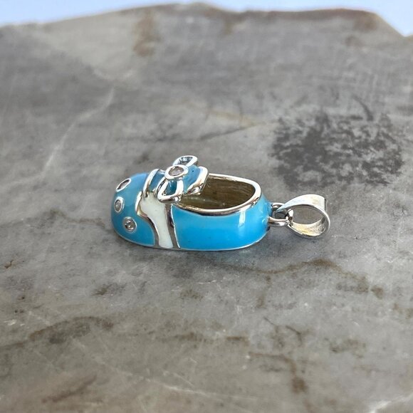 Sterling Silver 925 Blue Blank Engraveable Baby Boy Shoe Pendant Charm Baby Gift - Picture 6 of 14